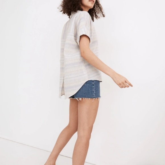 Madewell Crinkle Hayden Popover Top in Stripe Summer Peri Size Medium Cream - Picture 2 of 8
